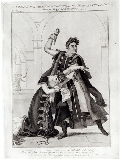 Francois-Joseph Talma (1763-1826) som Hamlet och Mademoiselle Duchenois som Gertrude, i Shakespeares "Hamlet" bearbetad av Jean-Francois Ducis, efter 1769 av French School