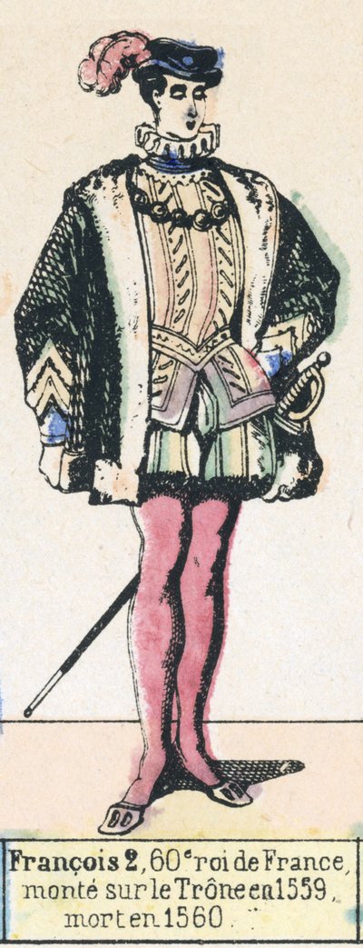 Francois 2, Frankrikes 60:e kung, besteg tronen 1559, dog 1560 (färgad gravyr) av French School