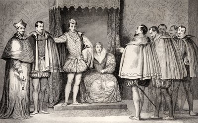 Francois II (1544-60) säger till parlamentsdeputerade att hertigen av Guise och kardinalen kommer att styra staten, ur "Histoire de France" av Colart, publicerad omkring 1840. av French School