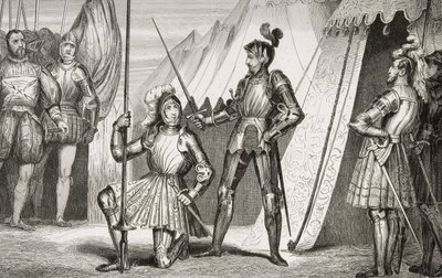 Francois I (1494-1547) adlad av kapten Bayard efter slaget vid Marignano, från 