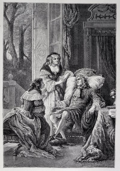 Francois de la Rochefoucauld (1613-1680) pratar med Mademoiselle de Sevigne (Marie de Rabutin-Chantal), Marquise de Sevigne dit Madame de Sevigne (1626-1696) och Marie-Madeleine (Marie Madeleine) Pioche de La Vergne, grevinna av La Vergne (Madam av F av French School