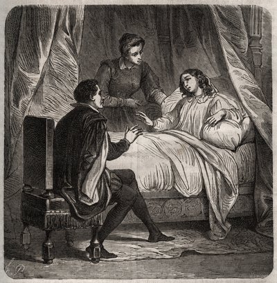 Francoise de Foix, grevinna av Chateaubriant (ca 1495-1537), sjuk, tar emot Clement des Marets dit Marot (1496-1544), betjänten av Francois 1:a, i sängen. Gravyr från 1871 i "Histoire Des Cocus Celebres"" av Henry de Kock (1819-1892). av French School