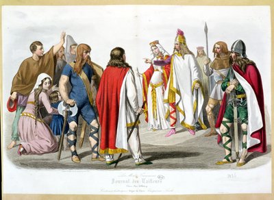 Frankiska och merovingerkostymer, historisk modetallrik från Les Modes Francaises - Journal des Tailleurs, 1836 av French School
