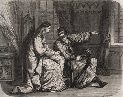Fredegonde (545-597) anförtror harpspelaren Barbantini sina bekymmer eftersom hans älskare Chilperic (då kungen av francen Chilperic I (543-597), inte gifte sig med honom. 565. Gravyr från 1871 i "Histoire Des Cocuses Celebres" av Henry de Kock (1819-1892 av French School