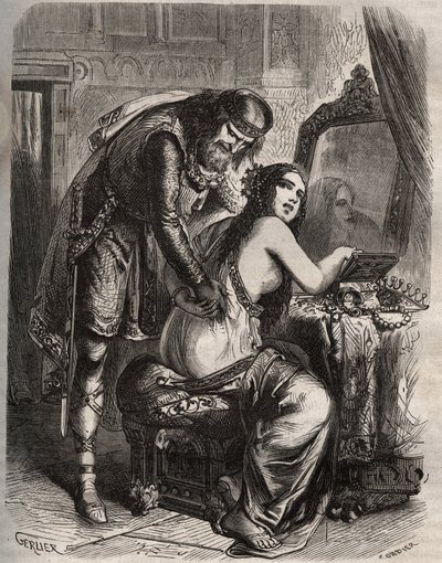 Fredegonde (545-597) tar sin man, franckungen Chilperic I (543-597), för sin älskare, Landeric. Kungen upptäcker när hans fru är otrogen mot honom. Gravyr från 1871 i "Histoire Des Cocuses Celebres"" av Henry de Kock (1819-1892). av French School
