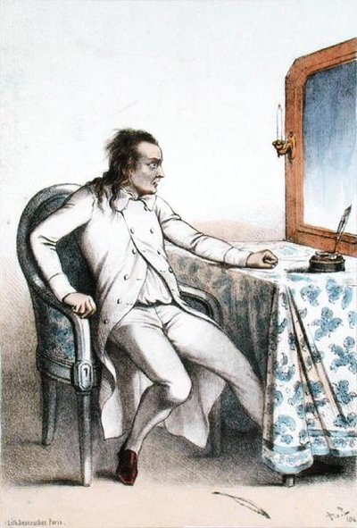 Frederick Lemaitre (1800-76) i rollen som Georges Maurice från "La Dame de Saint-Tropez" på teatern de la Porte Saint-Martin (färglitografi) av French School