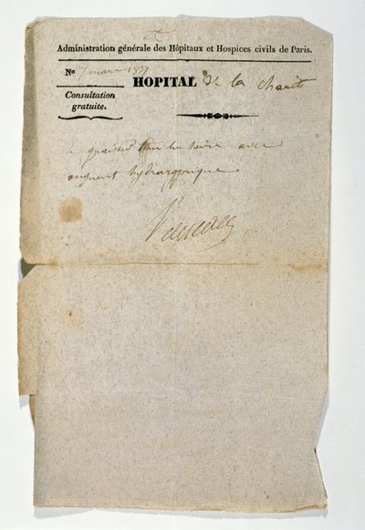 Gratis recept från Hopital de la Charite, Paris, 7 mars 1837 av French School