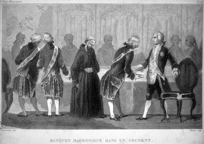 Friköp: Maconnisk bankett i ett kloster. Gravyr från "Picturesque Histoire de la Franc Maconnerie et des Societes Secretes antique et modernes" av F.-T. B. Clavel. Pagnerre, redaktör. 1843. av French School