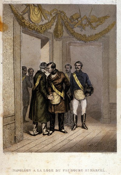 Freemaking: Napoleon Joseph Charles Paul Bonaparte, med smeknamnet Prince Jerome eller Plonplon identifieras vid ingången till Faubourg Saint Marcel-templet. Gravyr från "" pittoresk historia om frimureriet och antika hemliga sällskap av French School