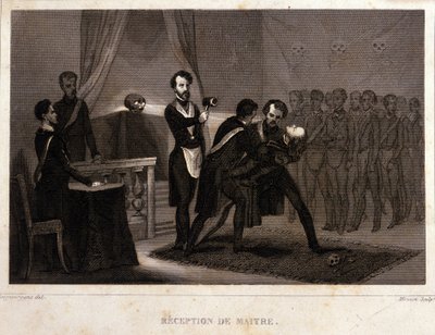 Freemaking: Mästarens mottagnings- och initiationsrit. Gravyr från "Picturesque Histoire de la Franc Maconnerie et des Societes Secretes antique et modernes" av F.-T. B. Clavel. Pagnerre, redaktör. 1843. av French School