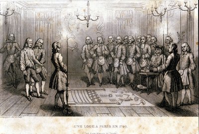 Frimureriet: hemligt möte i en loge i Paris 1740. Gravyr från ""Picturesque History of Freemasonry and Ancient and Modern Secret Societies" av F.-T. B. Clavel. Pagnere, redaktör. 1843. av French School