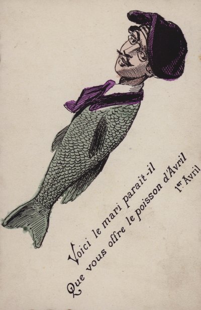 Franskt aprilskämtskort (färglitografi) av French School