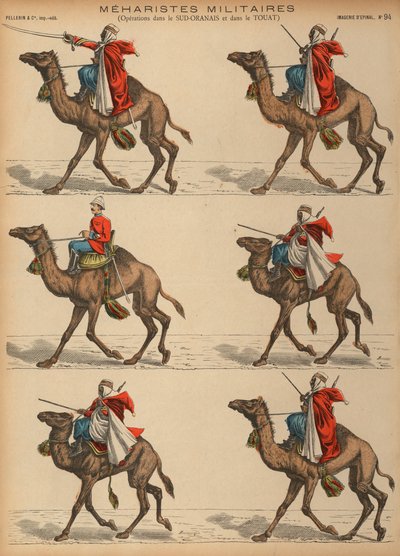 Franska armén Meharistes (kamelkavalleri) i Algeriet (färgad gravyr) av French School