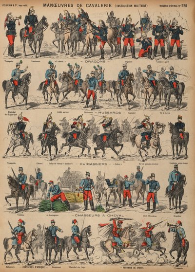 Franska arméns kavallerimanövrar (färgad gravyr) av French School