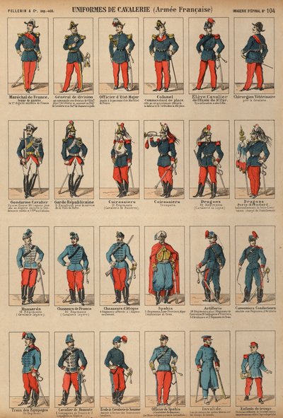 Franska arméns kavalleriuniformer (färgad gravyr) av French School