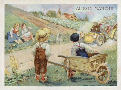 Franska barn som tittar på fortkörande bil av French School
