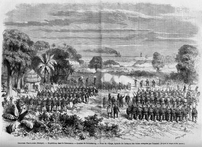 Franska kolonier (Senegal) 1865: Expedition i Casamance. Slaget vid Guimbering, fångst av byn, avsnitt av attacken mot sanddynerna ockuperade av fienden. av French School