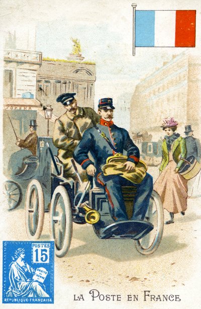 Fransk brevbärare i ett eldrivet fordon, sent 1800-tal av French School