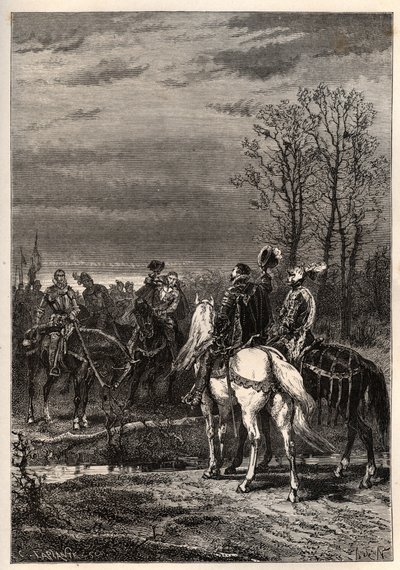 Franska religionskrigen - Oktober 1569 Religionskrig - Samtalen före slaget vid Moncontour (Henri, hertig av Anjou framtida Henrik III och Gaspard II av Coligny - Slaget vid Moncontour (oktober 1569) - gravyr från "" Frankrikes historia berättade till av French School
