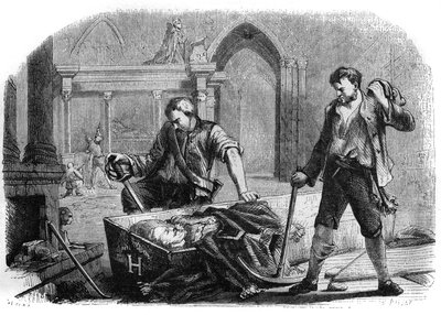 Franska revolutionen (konventet): öppnande av kistan för kung Henrik IV (1553-1610) under vanhelgningen av de kungliga gravarna i kyrkan Saint Denis 1793. Gravyr från 1860. av French School
