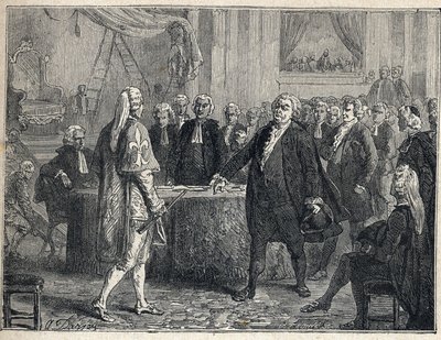 Franska revolutionen - Generalförsamling den 23/06/1789: Honore Gabriel (Honore-Gabriel) Riqueti, greve av Mirabeau (1749-1791) tilltalar Henri Evrard (Henri-Evrard), markis av Dreux Breze (Dreux-Breze) (1762- 1829). Gravyr från 1889. Privat samling. av French School