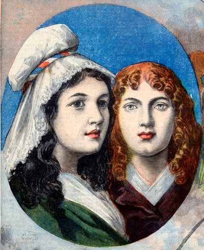 Franska revolutionen - De franska hjältinnorna: systrarna Felicite (1770-1841) och Theophile (1875-1819) av Fernig som kämpade utklädd som man mot österrikarna för att titta på deras far 1792 - illustration från "Le Petit Journal" den 7 augusti 1894 av French School