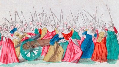 Franska revolutionen: "" A Versailles, a Versailles"" La marche des femmes sur Versailles 5/10/1789 (Marsch av kvinnorna på Versailles, Paris, 5 oktober 1789 av French School