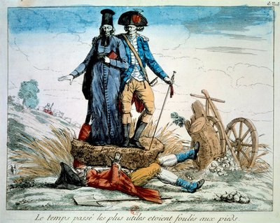 Franska revolutionen: Tecknad serie på tre beställningar: "" tiden går det mest användbara var folkmassor vid foten. Prästerskapet och adeln (armée) krossar den tredje staten under tyngden av skatter och korveer. 1789 Paris, Musée Carnavalet av French School