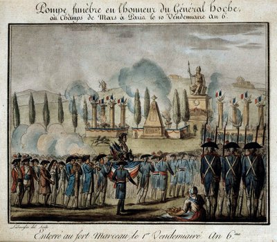 Franska revolutionen: "" Ceremoni för funebre pump till ära av general Lazare Hoche (1768-1797) på Champs de Mars i Paris den 10:e fredagen år 6"" Gravyr av 1797. Versailles, Lambinet museum av French School