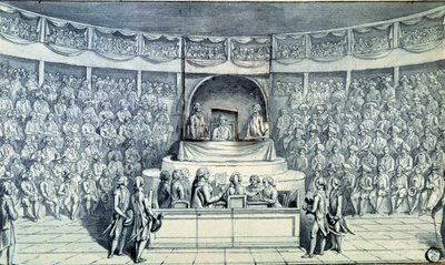 Franska revolutionen: Kung Ludvig XVI (1754-1793) vid rodret förhörs av Antoine Barnave (1761-1793) under hans rättegång inför det nationella konventet som kommer att besluta om hans dödsdom den 21/01/1793. Anonym teckning omkring 1793. Paris, Louvren Muse av French School