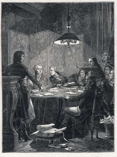 Franska revolutionen: Möte för den offentliga frälsningskommittén, en revolutionär regering som inrättades av Nationalkonventet 1793. av French School