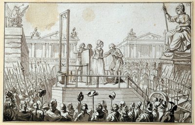 Franska revolutionen: "Drottning Marie-Antoinette (1755-1793) på schavotten i oktober 1793" Teckning med anonymt svart bläck. 1793 Sol. 0,096x0,15 m. Paris, Louvrens museum av French School