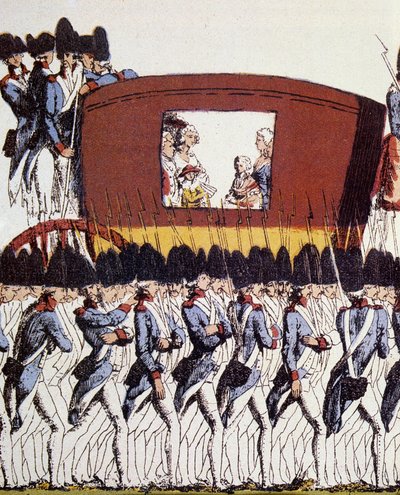 Franska revolutionen: Kungafamiljens återkomst till Paris den 25 juni 1791 efter arresteringen i Varennes den 20 och 21 juni 1791. Eau-forte coloriee anonym 1791 Sön. 23,2x34,6 Paris, Musee Carnavalet. av French School