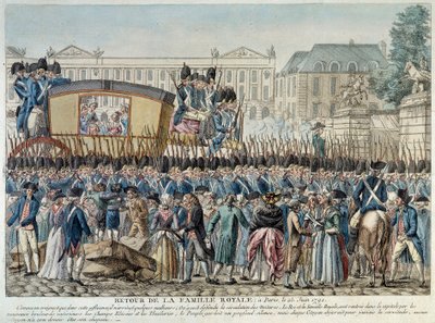Franska revolutionen: "Kungafamiljens återkomst till Paris den 25/06/1791" Kortegen korsar Place de la Concorde. Gravyr från den franska skolan i slutet av 1700-talet. Paris Musée Carnavalet av French School