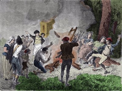 Franska revolutionen: "" Folket brände Claude Chappes telegraf, i parken Saint-Fargeau i Menilamount, i september 1792, och trodde att det var en anordning avsedd att kommunicera med kungafamiljen inlåst i templets fängelse"" "Gravering av French School