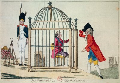 Franska revolutionen: "Vad gör du, jag är i ånger" representerar kung Ludvig XVI (1754-1793) i en bur på tröskeln till sin flygning till Varennes i juni 1791. Satirisk gravyr Paris, Library of the Arsenal av French School