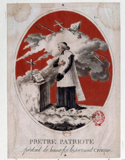Franska revolutionen: en patriotpräst som avlägger medborgerlig ed i god tro. Gravyr av 1700-talet. Paris, Arsenals bibliotek av French School