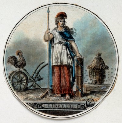 Franska revolutionen: allegori om Liberte som en kvinna nära en bikupa och en tupp. Sent av 1700-talets Paris, B.N. av French School