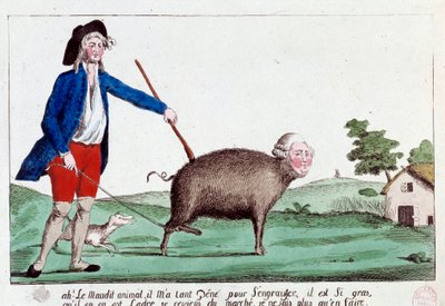 Franska revolutionen: tecknad serie som skildrar en revolutionär som tar Ludvig XVI tillbaka till formen av ett marschgris och inte vet vad han ska göra med det. 1792. Anonym coloriee-etsning, sön 14x22,8 Paris, Musee Carnavalet av French School