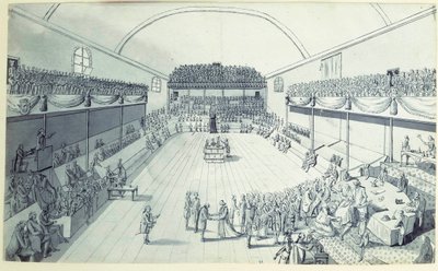 Franska revolutionen: födelsen av konstitutionen i september 1791 omsmält av Guy Jean-Baptiste Target (1733-1807) i rummet på Jeu de Paume i Versailles där deputerade hade avlagt en ed den 20/06/1789. Anonym teckning omkring 1791. Paris, Lou av French School