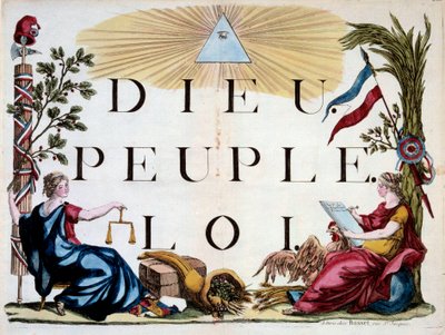 Franska revolutionen: den gudomliga triangeln som upplyser Gud, folket och lagen, Frankrikes allegorier, rättvisa, överflöd och republiken. Gravyr från 1794. Paris, Arsenals bibliotek av French School