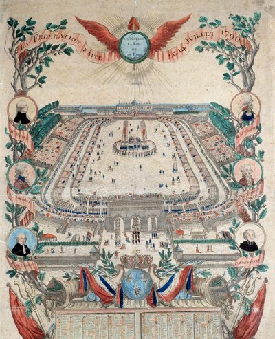 Franska revolutionen: vy över den nationella federationens högtid den 14/07/1790 på Champs de Mars. Gravyr från 1790. Paris, Nationalarkivet av French School