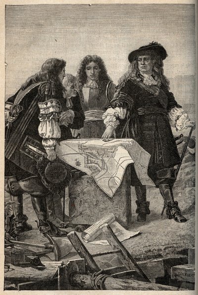 Den franske arkitekten Vauban ritar upp planerna för befästningarna i Belfort (öster om Frankrike) på Ludvig XIV:s begäran 1687 - Sebastien Le Prestre de Vauban ger planerna för befästningarna i Belfort - gravyr i "" PATRIE"" - BESKRIVNING PECTUREQU av French School