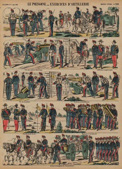 Franska arméartilleriövningar, Le Polygone, Lorient, Frankrike (färgad gravyr) av French School