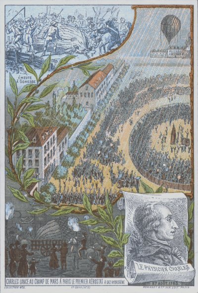 Den franske ballongföraren Jacques Charles startar den första vätgasballongen från Champ de Mars i Paris den 27 augusti. av French School