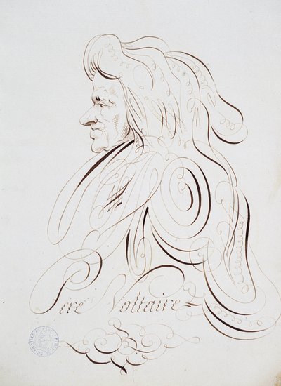 Fransk kalligrafi: Porträtt av Fader Voltaire av Bernard de Paris omkring 1780. Historiskt bibliotek i staden Paris. av French School