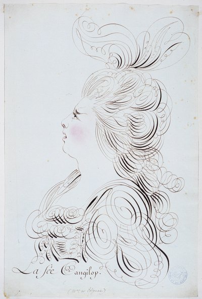 Fransk kalligrafi: Porträtt av prinsessan av Polignac i ansiktet förstärkt med akvarell av Bernard de Paris omkring 1780. Historiskt bibliotek i staden Paris. av French School