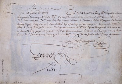 Fransk kalligrafi: Recu till förmån för Bernard de Beaugrand levererar den 2 juli 1623. Historiskt bibliotek i staden Paris. av French School