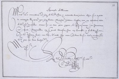 Fransk kalligrafi: Teknografi, ""exempel på minut"" av Guillaume Le Gangneur omkring 1599. Historiskt bibliotek i staden Paris. av French School