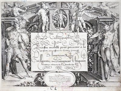 Fransk kalligrafi: Technography, frontispice av Guillaume the Gangneur omkring 1599. Historiskt bibliotek i staden Paris. av French School